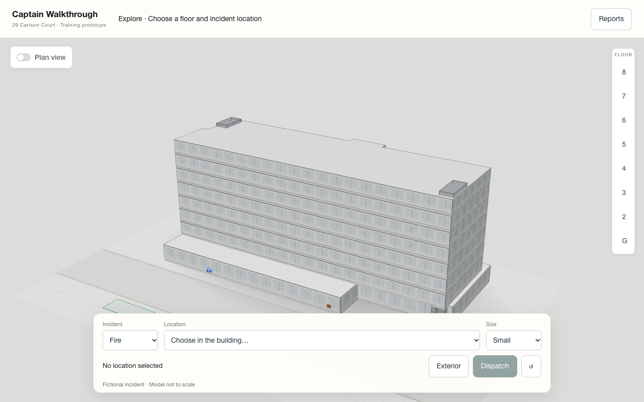 Actual Captain Walkthrough screen showing its interactive building model